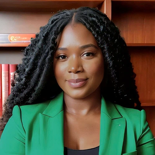 Rachel Antoine, a woman with a dark complexion and long curly hair, wearing a green blazer in front of a bookshelf.