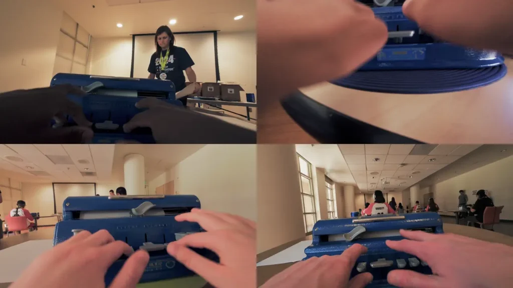 A four-panel collage shows students typing on blue Perkins Braillers from a first-person perspective, with a classroom and an instructor visible in the background.